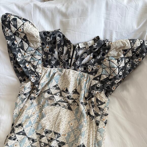 SEA New York Clemence Belted Cutout Patchwork Cotton Voile Midi Dress XS - Picture 2 of 6